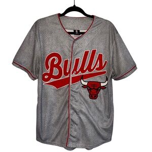 NBA Chicago Bulls Baseball Jersey Mens Medium Grey Elephant Print Button Up 66